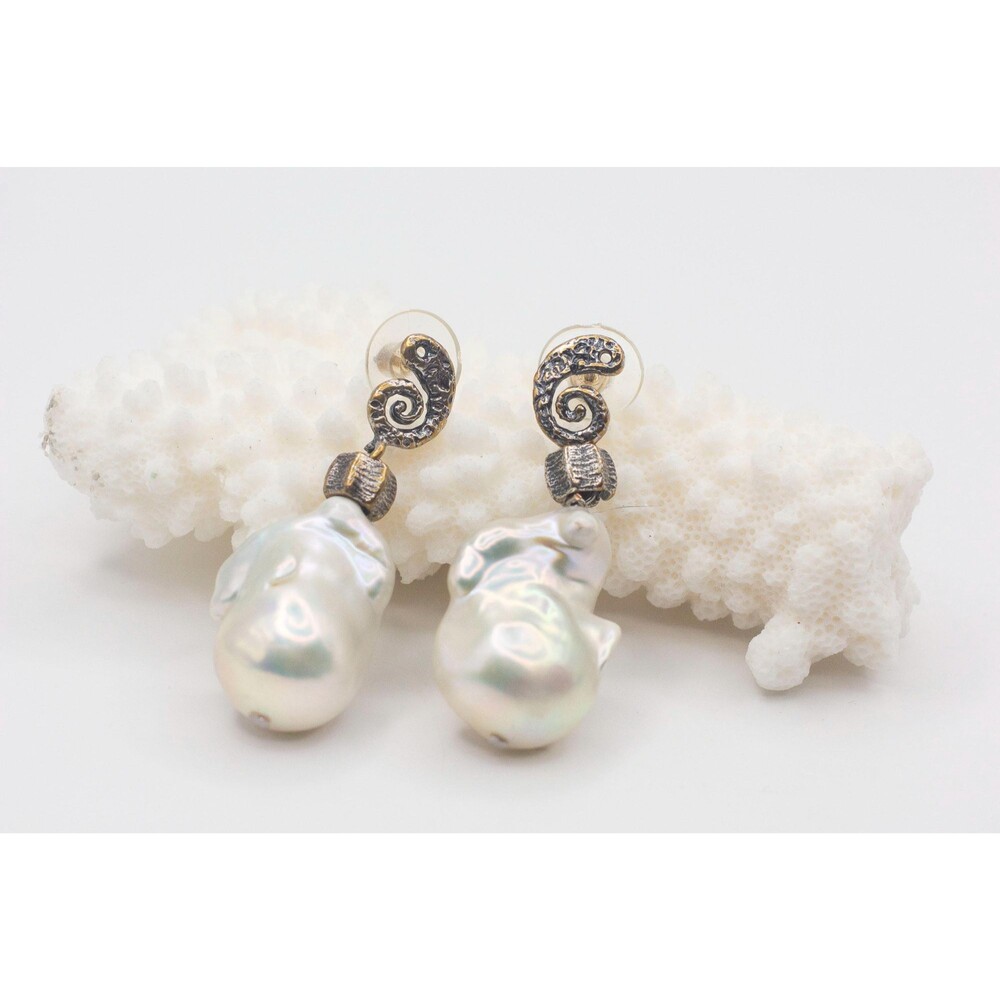 1.5” AA Baroque Pearl Earrings Bronze Spiral Handmade Statement Drops